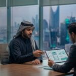 Decision-makers at a Saudi company comparing mobile app development options via an analysis dashboard in a business meeting