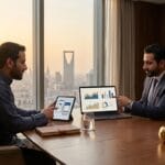 Executive meeting in Riyadh to compare mobile app development offers and choose the most suitable app development company for the business.