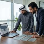 An administrative scene in a Saudi company evaluating the selection of a web design company before contracting