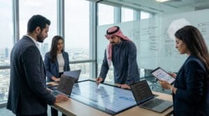 A Saudi businessman discussing a tech project with a software development team in a modern office